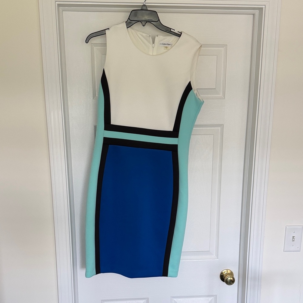 Calvin Klein White, Aqua & Blue Colorblock Midi Dress